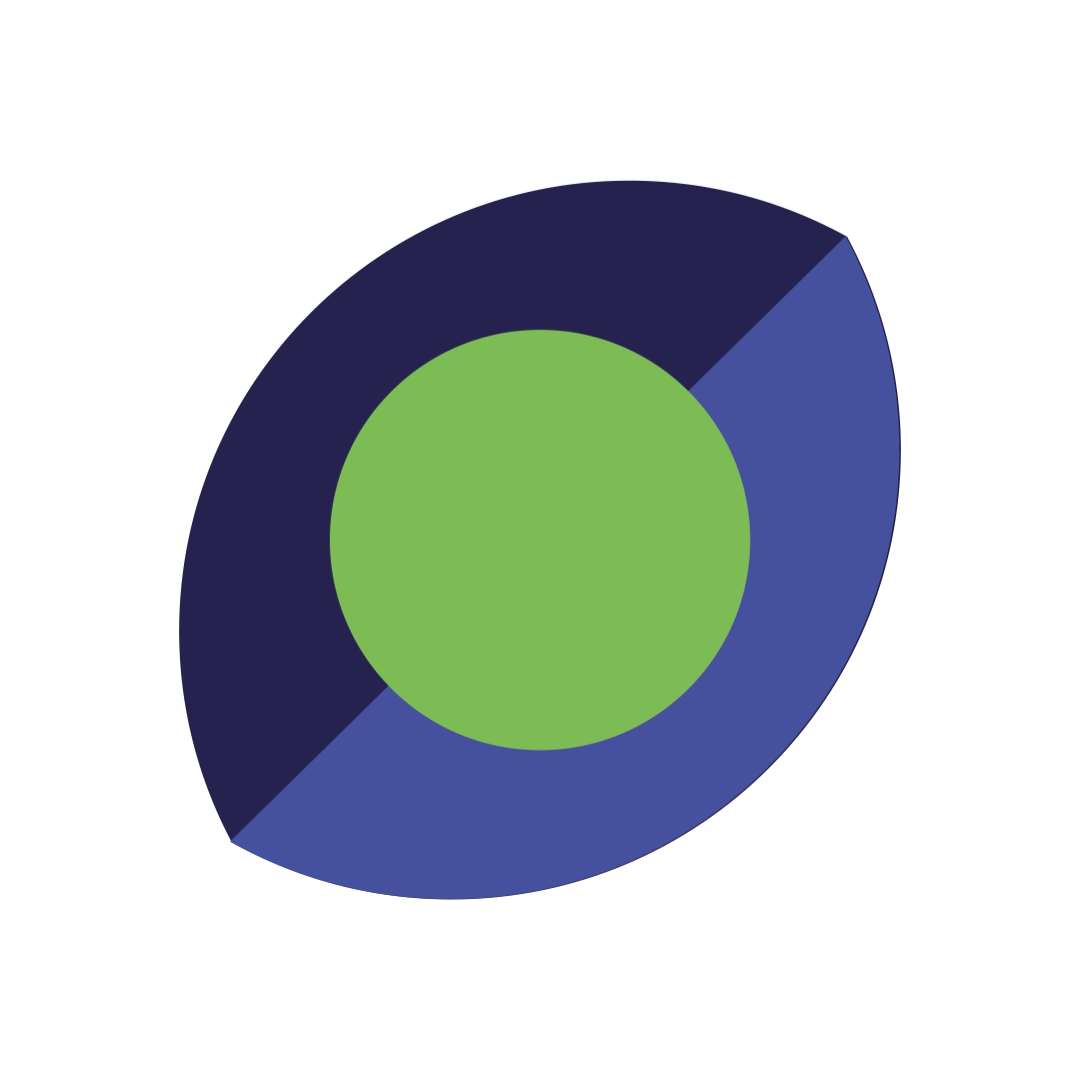 Ilustração de um circulo verde sobre dois semi círculos azuis de cores diferentes. Todas as formas geométricas encontram-se sobre um fundo branco.